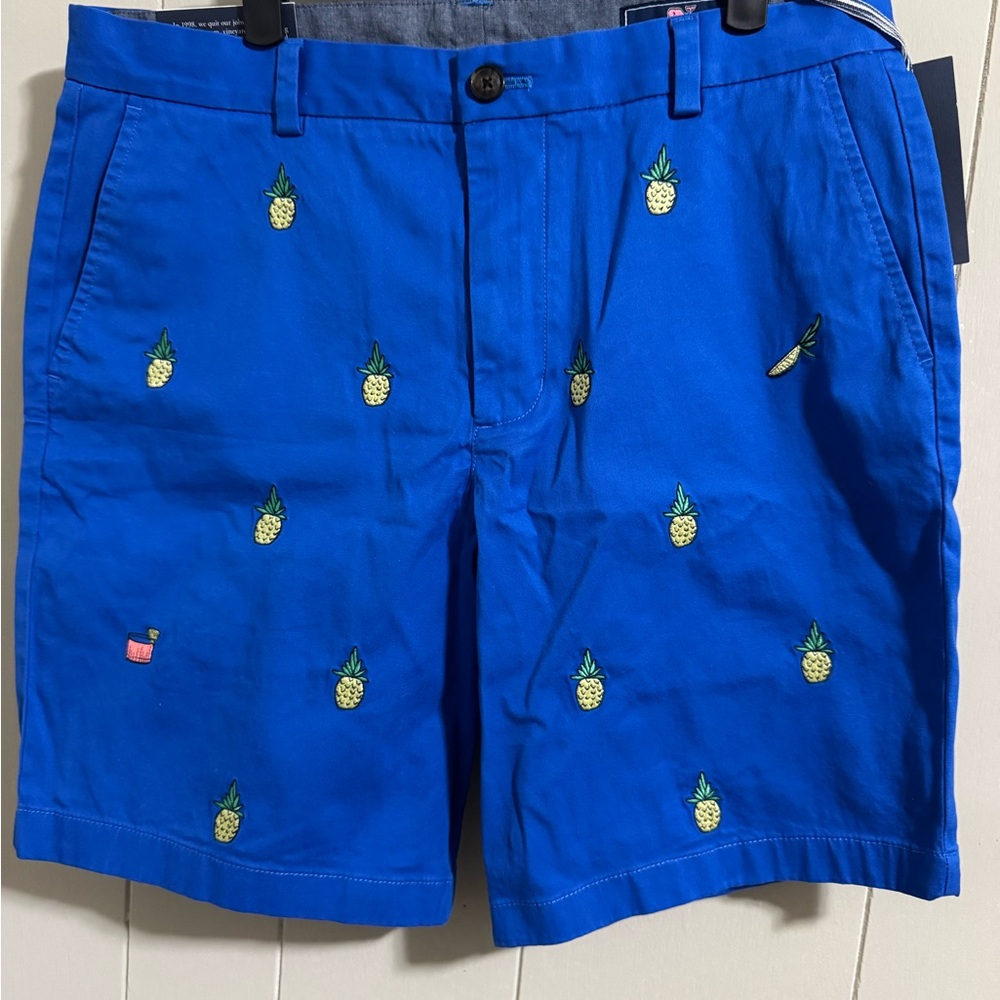 Vineyard Vines Blue Flat Front 9” Breaker Shorts Pineapple Embroidery NWT
